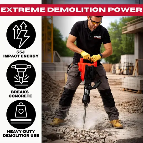 Excel 31945 1700W 55J Hex Shank Demolition Hammer 230V with Case & Chisels