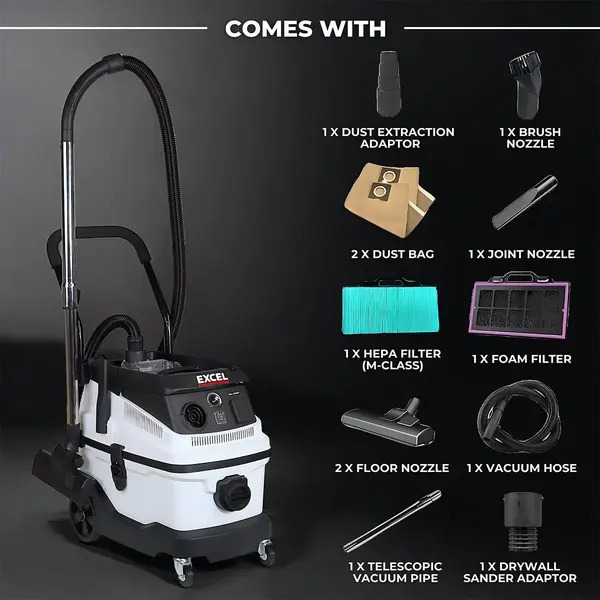 Excel 31449 30L Mobile Dust Extractor Wet & Dry Vacuum Cleaner 240V/1600W