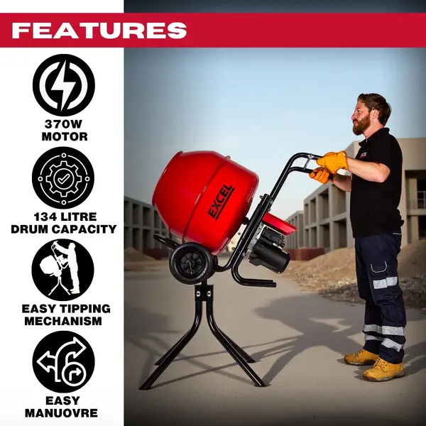 Excel 32144 134L Portable Cement Mixer 240V/370W with Wheels