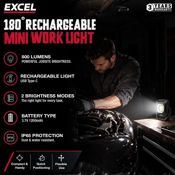 Excel 10769 800 Lumens LED Magnetic Rechargeable Mini Work Light