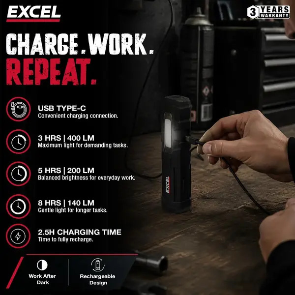 Excel 10947 400 Lumens LED Rechargeable Magnetic Handheld Work Light with Red Laser