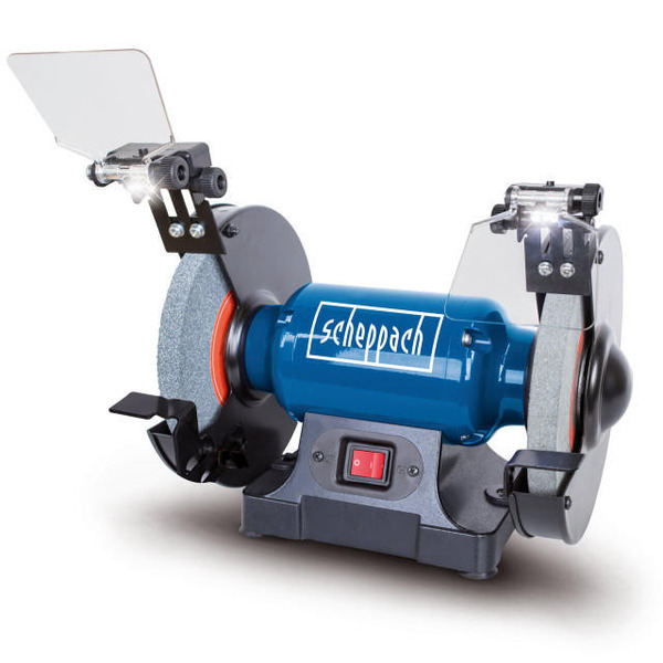 Scheppach 500W 200mm/8 inch electric double end bench grinder with LED lights & eye shields | SM200L