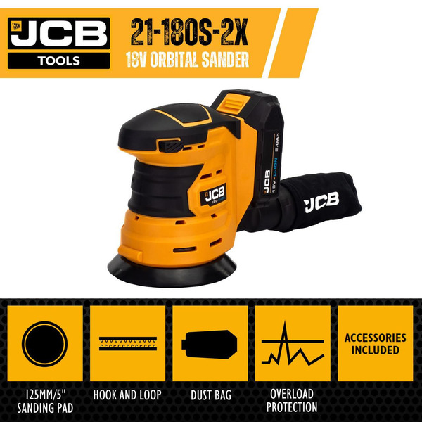 JCB 18V Cordless Orbital Sander 125mm 5'', Li-ion 3.0Ah Battery, 2.4A Fast Charge, Dust Bag | 21-18OS-3CX