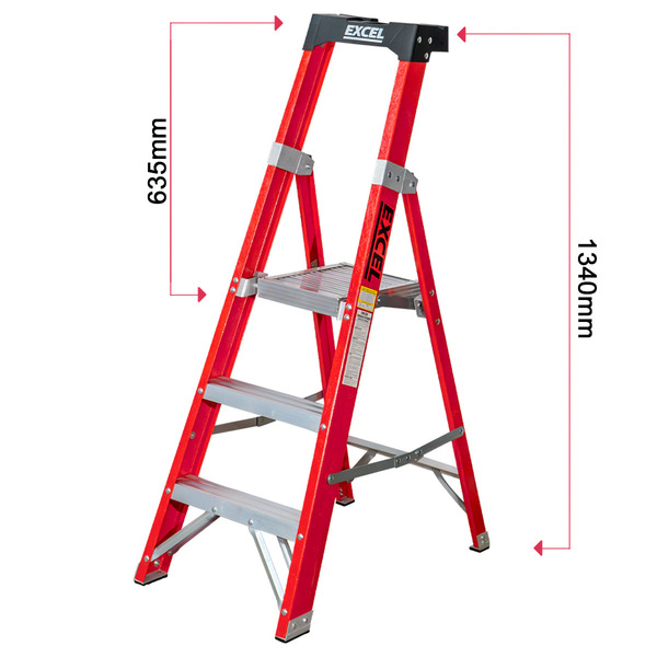 Excel 31128 Electricians Fibreglass Platform Step Ladder 3 Tread 1.34m EN131