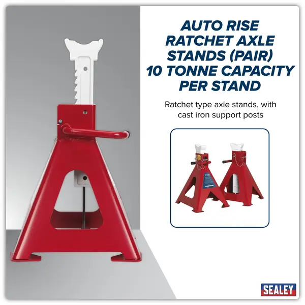 Sealey AAS10000 Auto Rise Ratchet Axle Stands (Pair) 10 Tonne Capacity per Stand