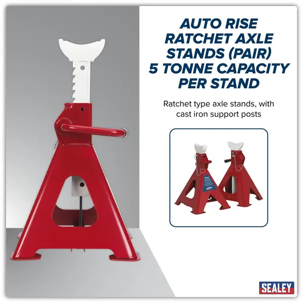 Sealey AAS5000 Auto Rise Ratchet Axle Stands (Pair) 5 Tonne Capacity per Stand