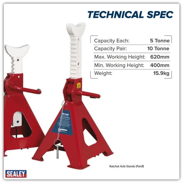 Sealey AAS5000 Auto Rise Ratchet Axle Stands (Pair) 5 Tonne Capacity per Stand