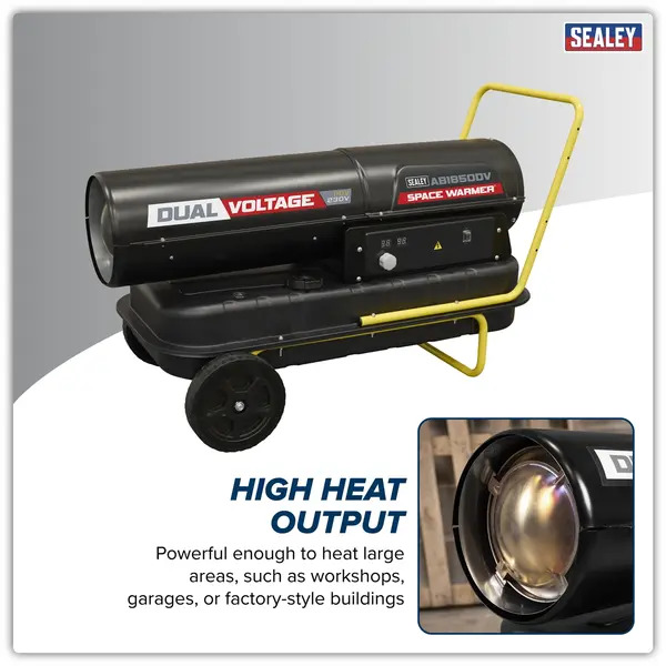 Sealey AB1850DV Dual Voltage Space Warmer® Kerosene/Diesel Heater with Wheels 185,000Btu/hr(55kW)