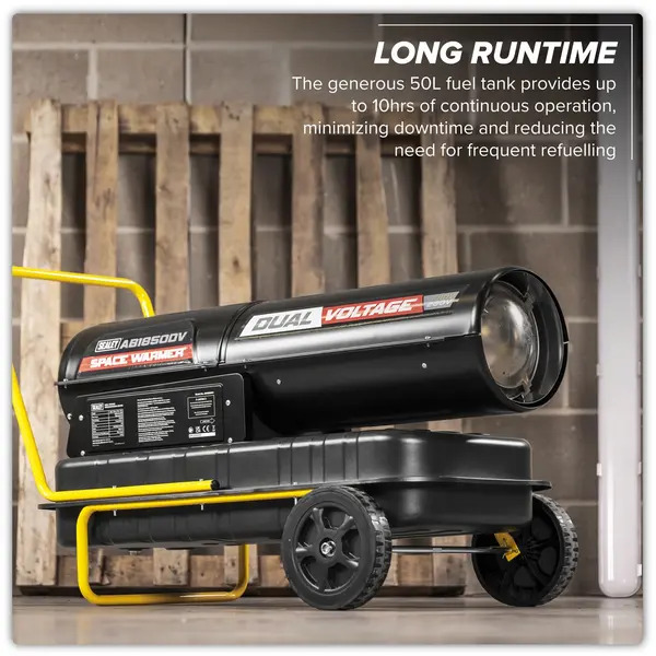 Sealey AB1850DV Dual Voltage Space Warmer® Kerosene/Diesel Heater with Wheels 185,000Btu/hr(55kW)