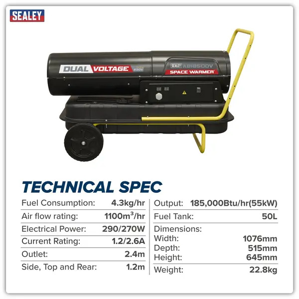 Sealey AB1850DV Dual Voltage Space Warmer® Kerosene/Diesel Heater with Wheels 185,000Btu/hr(55kW)