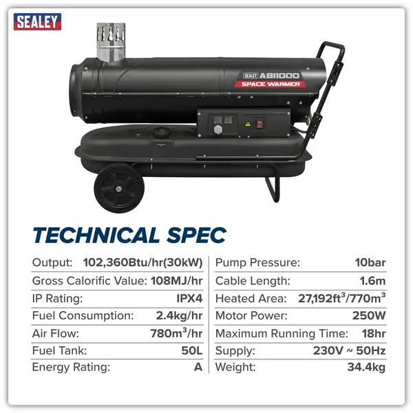 Sealey ABI1000 Space Warmer&reg; Indirect Kerosene/Diesel Heater with Wheels 102,000Btu/hr