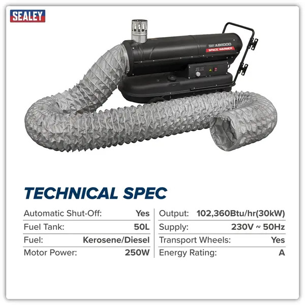 Sealey ABI1000COMBO Space Warmer® Indirect Kerosene/Diesel Heater 102,000Btu/hr with 5M Ducting