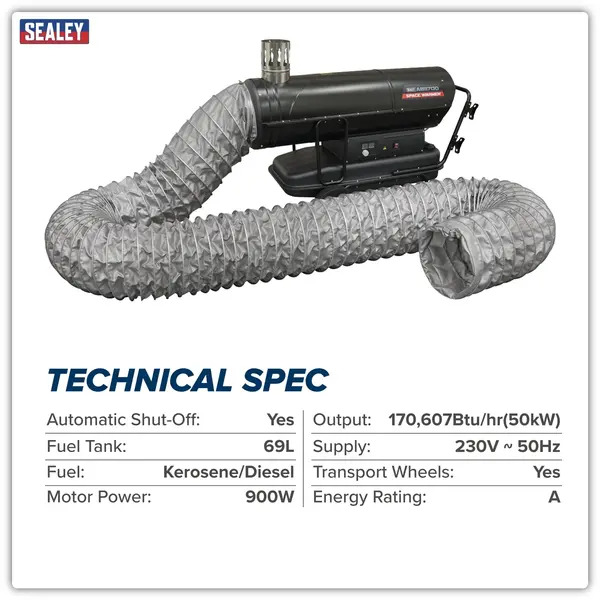 Sealey ABI1700COMBO Space Warmer&reg; Indirect Kerosene/Diesel Heater 170,000Btu/hr with 5M Ducting