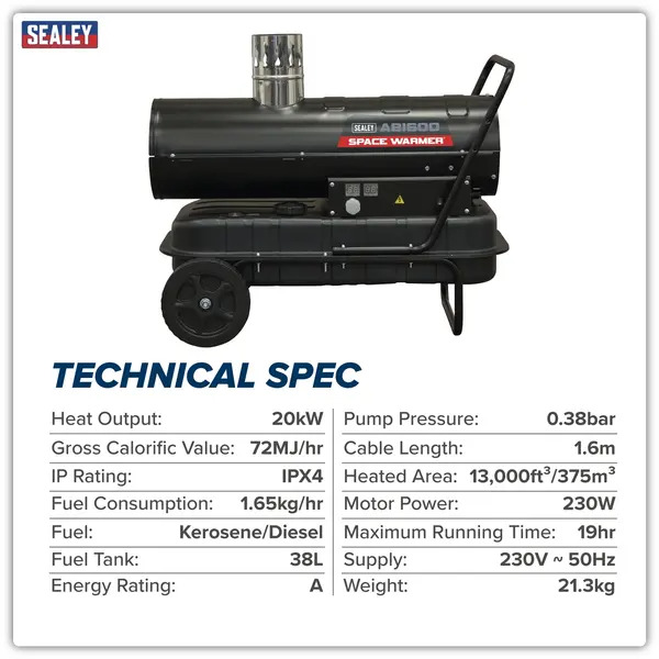 Sealey ABI600 Space Warmer&reg; Indirect Kerosene/Diesel Heater with Wheels 68,000Btu/hr