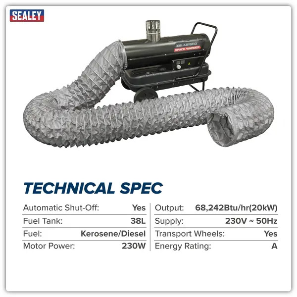 Sealey ABI600COMBO Space Warmer® Indirect Kerosene/Diesel Heater 68,000Btu/hr with 5M Ducting