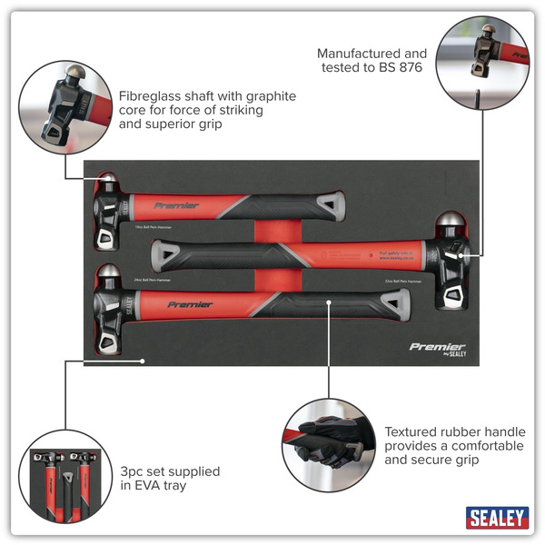 Sealey AK2033 Premier Ball Pein Hammer Set with Fibreglass Shafts 3pc