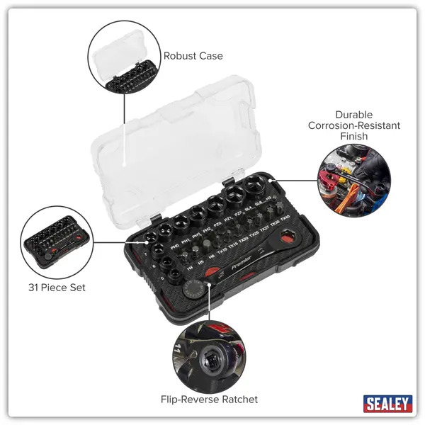 Sealey AK2112 Premier Black Go-Through Lock-On&trade; Low Profile Socket & Bit Set 1/4