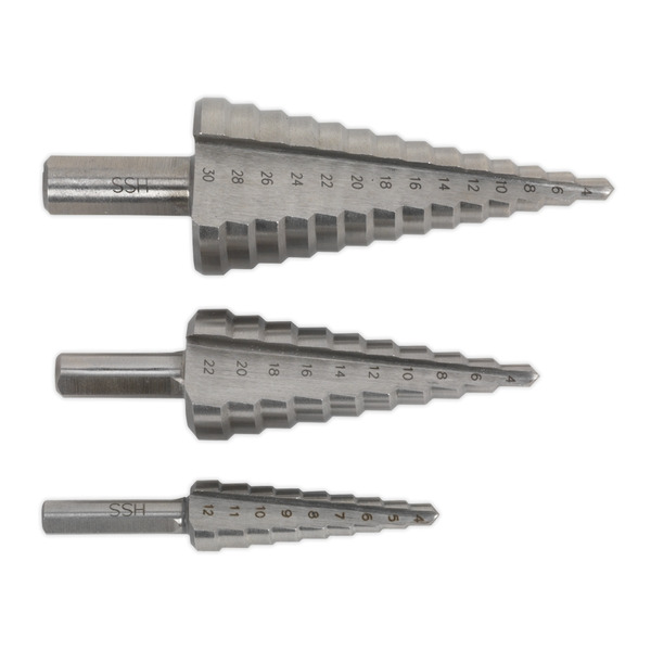 Sealey AK4733 Double Flute HSS M2 Step Drill Bit Set 3pc