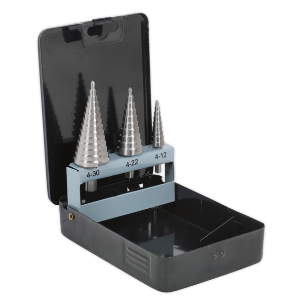 Sealey AK4746 Double Flute HSS 4341 Step Drill Bit Set 3pc