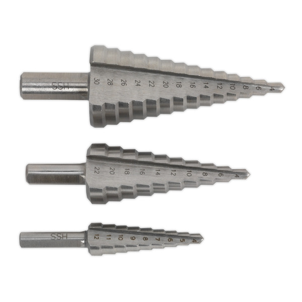 Sealey AK4746 Double Flute HSS 4341 Step Drill Bit Set 3pc