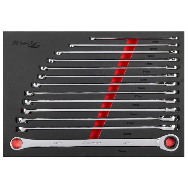 Sealey AK63190 Premier Extra-Long Double Ring Ratchet/Fixed Spanner Set 13pc