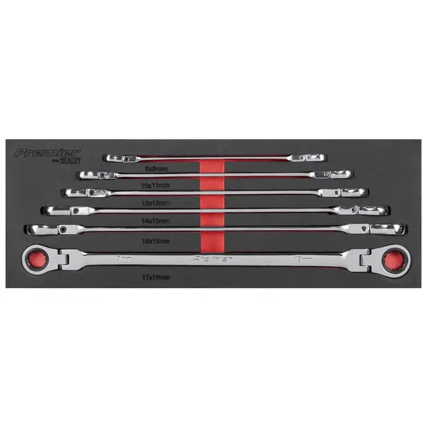 Sealey AK63832 Premier Extra-Long Flexi-Head Double End Ratchet Ring Spanner Set 6pc