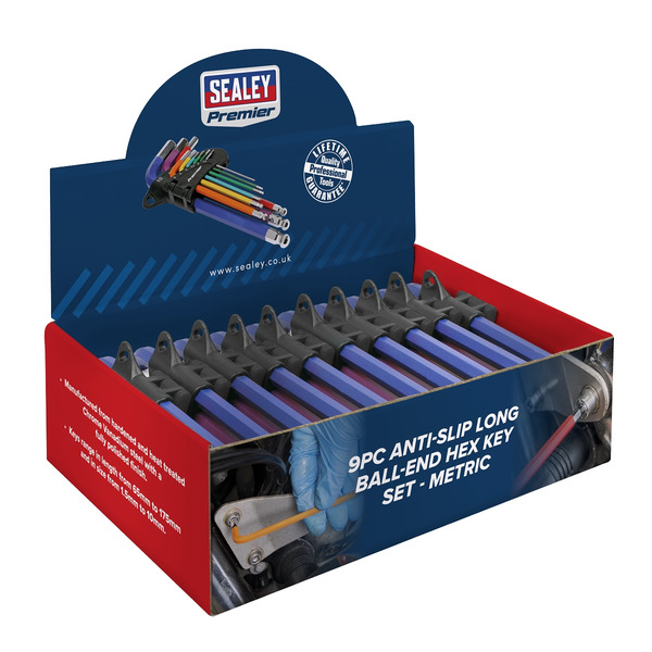 Sealey AK7190DB Premier Long Colour-Coded Ball-End Hex Key Set 9pc - Display Box of 10