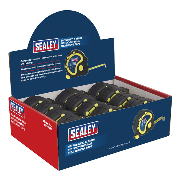 Sealey AK98912 Metric/Imperial Rubber Tape Measure 5m(16ft) x 19mm - Display Box of 12
