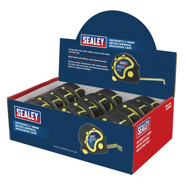 Sealey AK98912 Metric/Imperial Rubber Tape Measure 5m(16ft) x 19mm - Display Box of 12