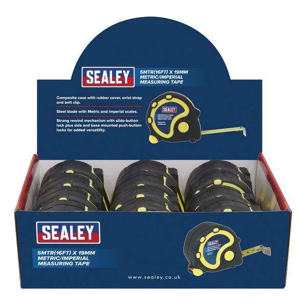 Sealey AK98912 Metric/Imperial Rubber Tape Measure 5m(16ft) x 19mm - Display Box of 12