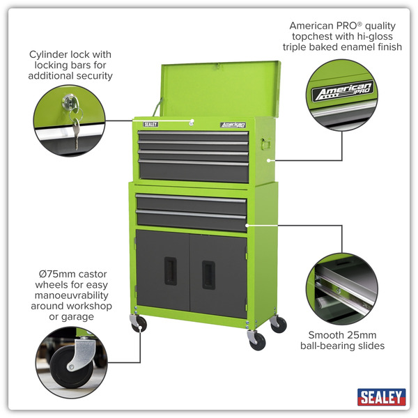 Sealey AP2200BBHV American PRO® Topchest & Rollcab Combination 6 Drawer - Green/Grey