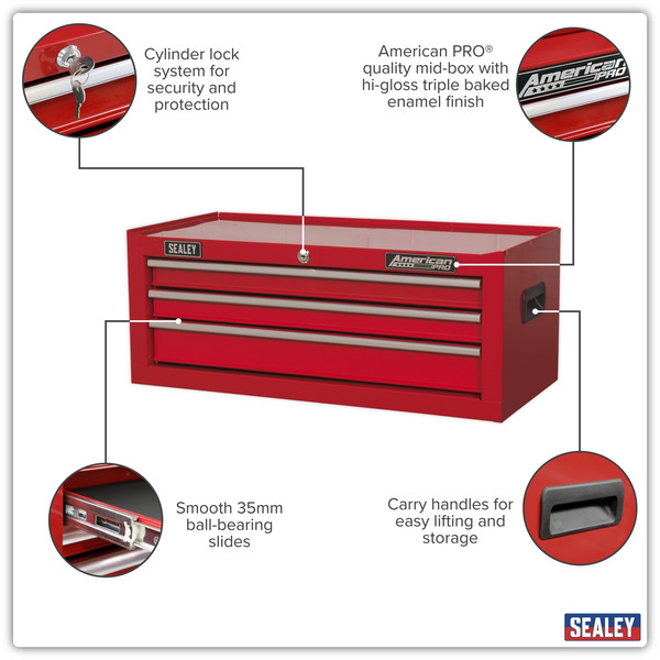 Sealey AP223 American PRO&reg; Mid-Box Tool Chest 3 Drawer - Red