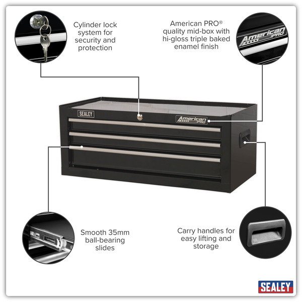 Sealey AP223B American PRO&reg; Mid-Box Tool Chest 3 Drawer - Black