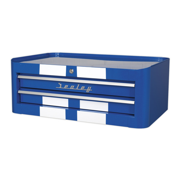 Premier™ Retro Style Mid-Box Tool Chest 2 Drawer - Blue with White Stripes