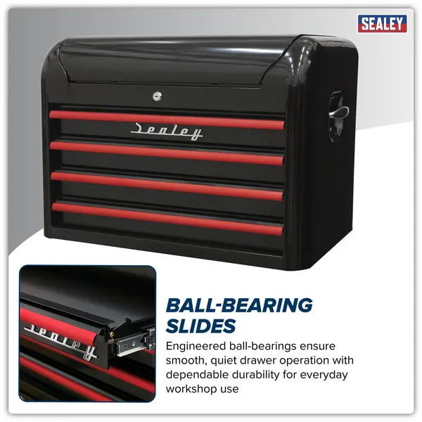 Sealey AP28104BR Premier&trade; Retro Style Topchest 4 Drawer - Black with Red Anodised Drawer Pulls