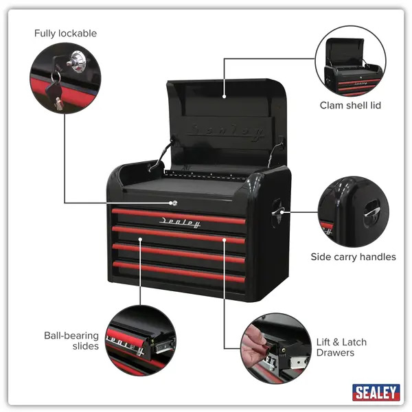 Sealey AP28104BR Premier&trade; Retro Style Topchest 4 Drawer - Black with Red Anodised Drawer Pulls