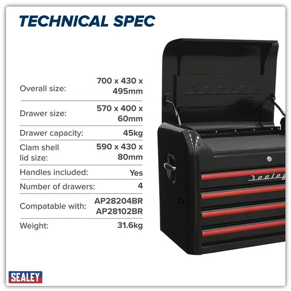 Sealey AP28104BR Premier&trade; Retro Style Topchest 4 Drawer - Black with Red Anodised Drawer Pulls