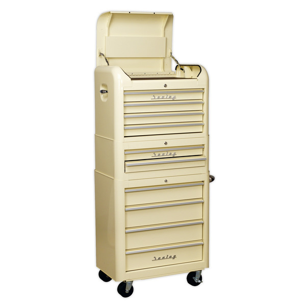 Sealey Premier™ Retro Style Topchest, Mid-Box Tool Chest & Rollcab Combination 10 Drawer - Cream