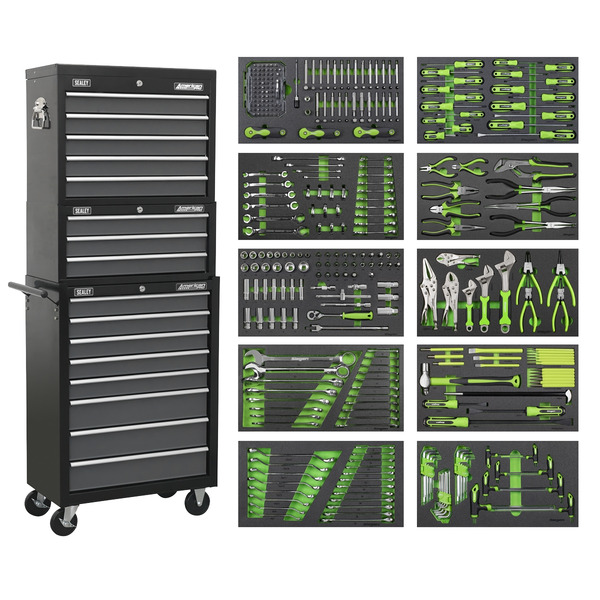 Tool Chest Combination 16 Drawer with Ball-Bearing Slides - Black/Grey & 398pc Tool Kit