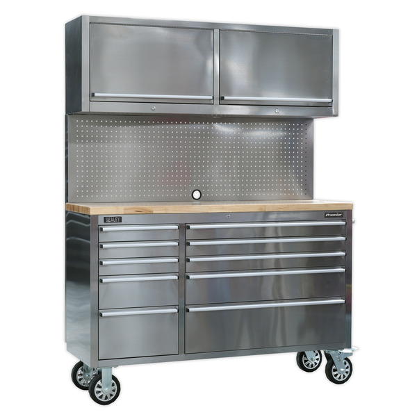 Sealey Premier™ Mobile Stainless Steel Tool Cabinet 10 Drawer with Backboard & 2 Wall Cupboards