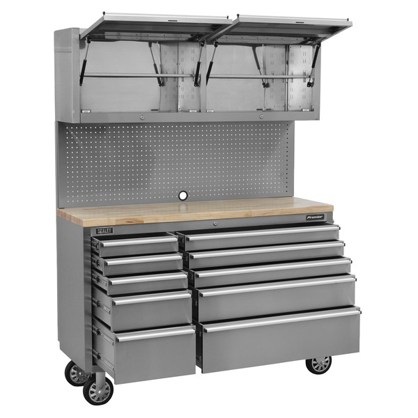 Sealey AP5520SS Premier™ Mobile Stainless Steel Tool Cabinet 10 Drawer with Backboard & 2 Wall Cupboards