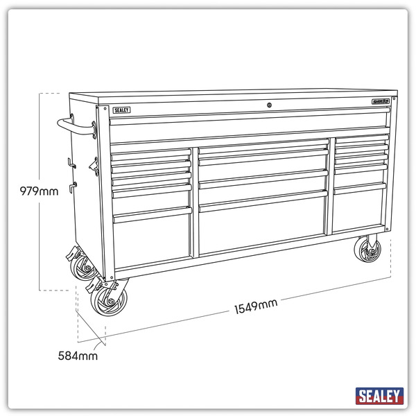 Sealey AP6115BE Superline PRO® Black Edition Mobile Trolley with Wooden Worktop 15 Drawer 1549mm