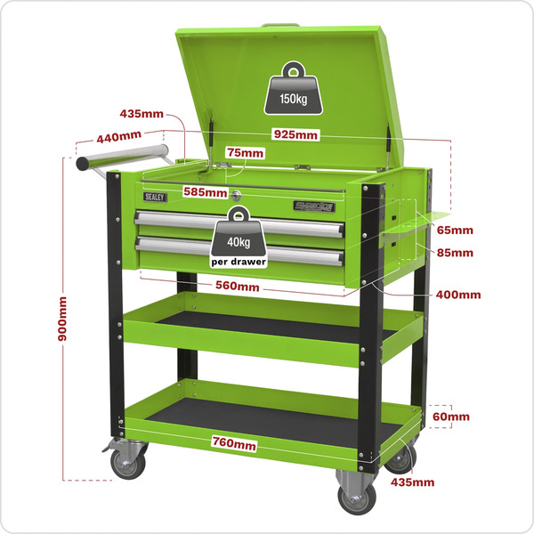 Sealey Superline PRO® Heavy-Duty Mobile Tool & Parts Trolley with Lockable Top & 2 Drawers - Green