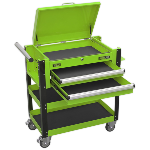 Sealey Superline PRO® Heavy-Duty Mobile Tool & Parts Trolley with Lockable Top & 2 Drawers - Green