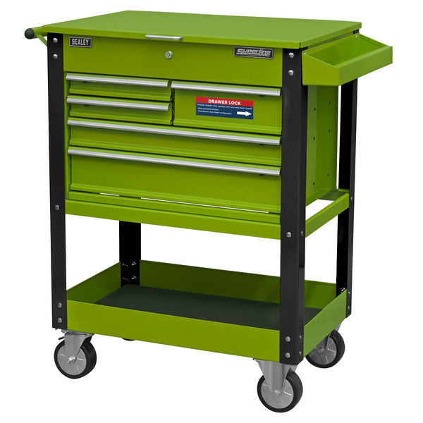 Sealey AP890MHV Superline PRO® Heavy-Duty Mobile Tool & Parts Trolley with 5 Drawers and Lockable Top - Hi-Vis Green