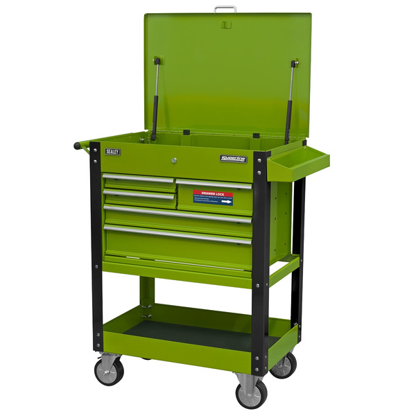 Sealey AP890MHV Superline PRO® Heavy-Duty Mobile Tool & Parts Trolley with 5 Drawers and Lockable Top - Hi-Vis Green