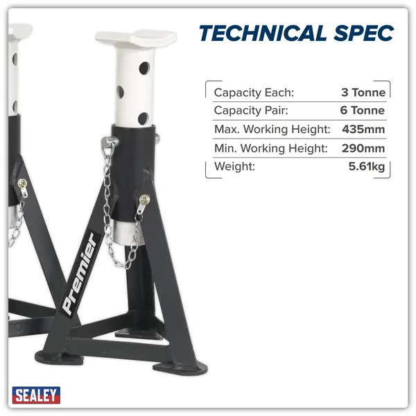 Sealey AS3 Premier Axle Stands (Pair) 3 Tonne Capacity per Stand - White
