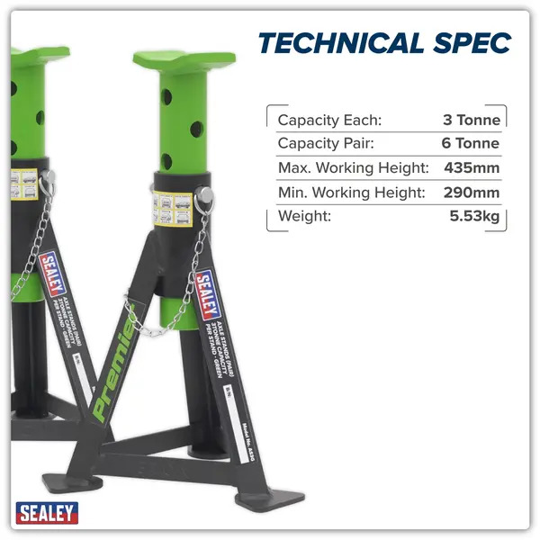 Sealey AS3G Premier Axle Stands (Pair) 3 Tonne Capacity per Stand - Green