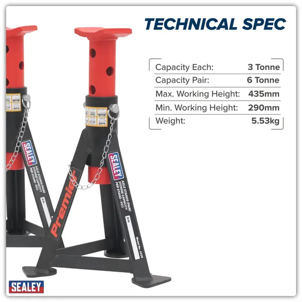 Sealey AS3R Premier Axle Stands (Pair) 3 Tonne Capacity per Stand - Red