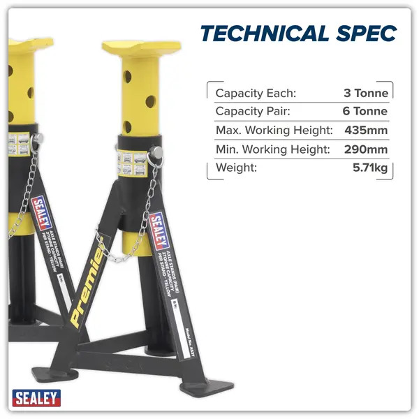 Sealey AS3Y Premier Axle Stands (Pair) 3 Tonne Capacity per Stand - Yellow